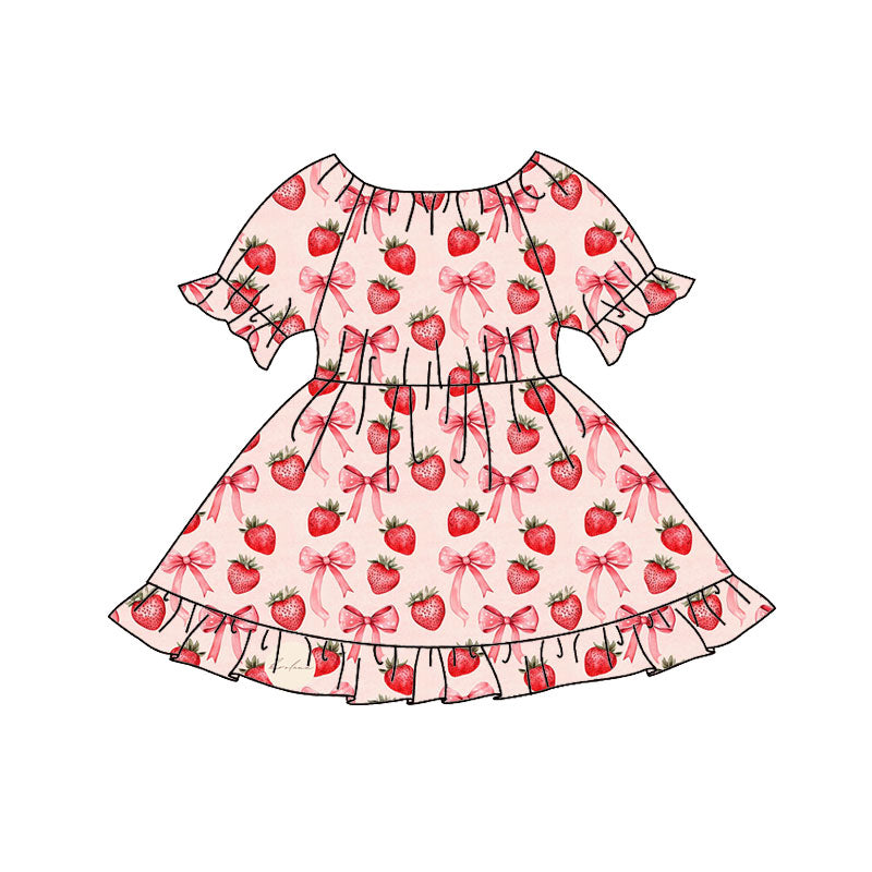 (Pre-order)GSD2837 Strawberry Bows Pink Print Girls Summer Knee Length Dress