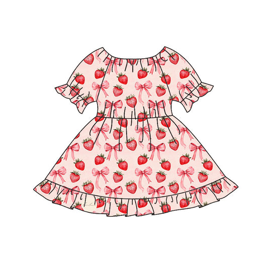 (Pre-order)GSD2837 Strawberry Bows Pink Print Girls Summer Knee Length Dress