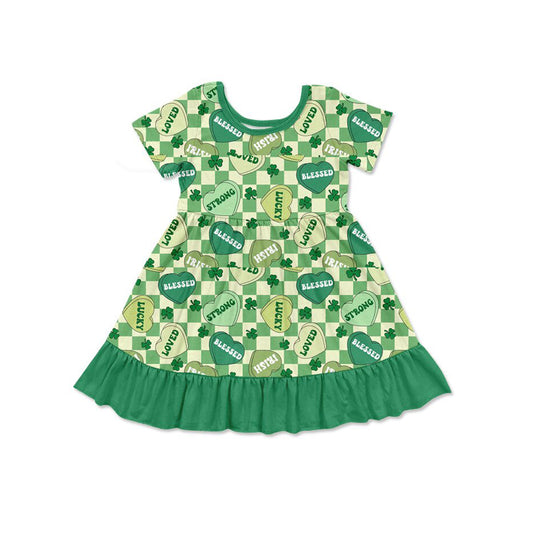 (Pre-order)GSD2839  LUCKY LOVED Heart Plaid Print Girls St. Patrick's Day Knee Length Dress
