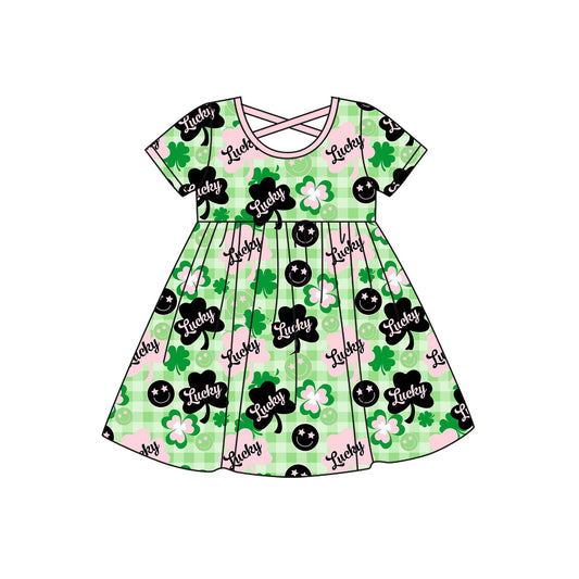(Pre-order)GSD2840 Lucky Leaf Pink Plaid Print Girls St. Patrick's Day Knee Length Dress