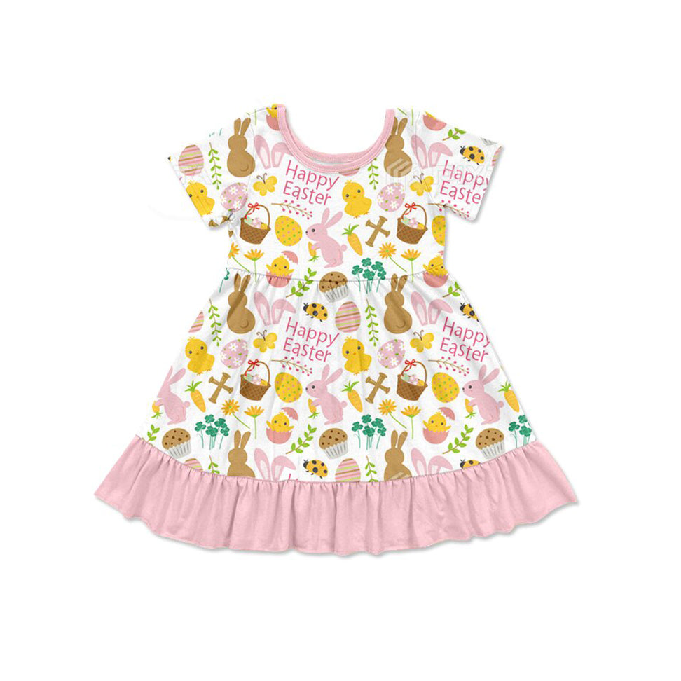(Pre-order)GSD2841  Bunny Eggs Print Girls Easter Knee Length Dress