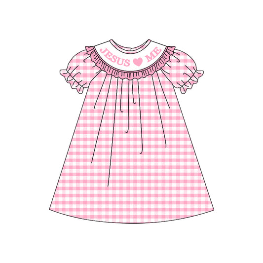 (Pre-order)GSD2846 Jesus Loves Me Pink Plaid Print Girls Easter Knee Length Dress