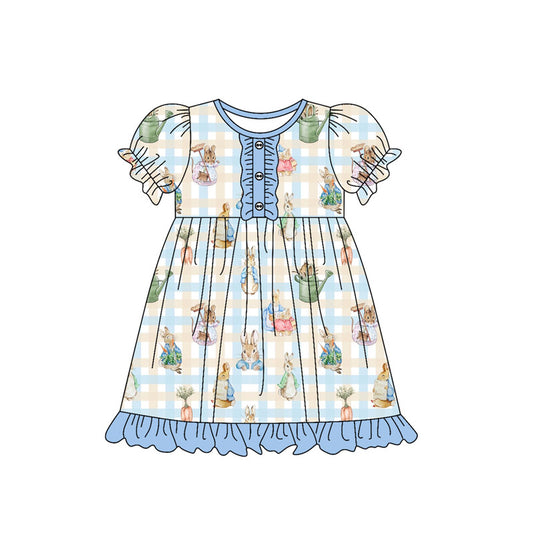 (Pre-order)GSD2847 Bunny Plaid Print Girls Easter Knee Length Dress