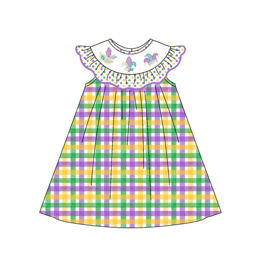 (Pre-order)GSD2849 Anchor Plaid Print Girls Mardi Gras Knee Length Dress