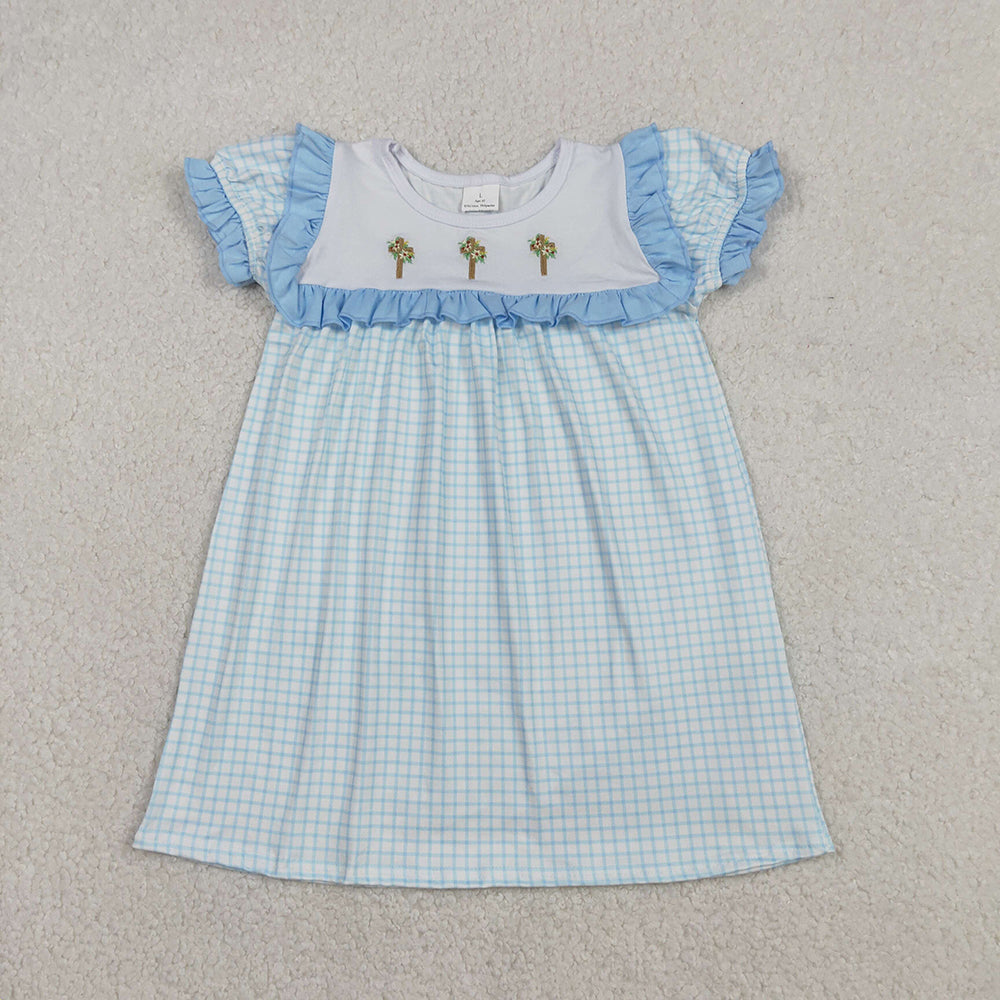 Cross Embroidery Blue Plaid Girls Easter Clothes Sisters Wear