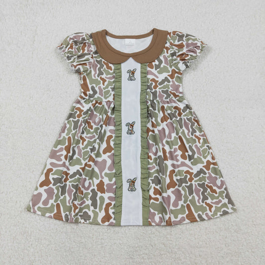 GSD2852  Bunny Embroidery Camo Print Girls Easter Knee Length Dress