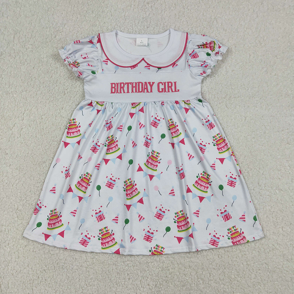 GSD2854  BIRTHDAY GIRL Embroidery Cake Print Girls Summer Knee Length Dress