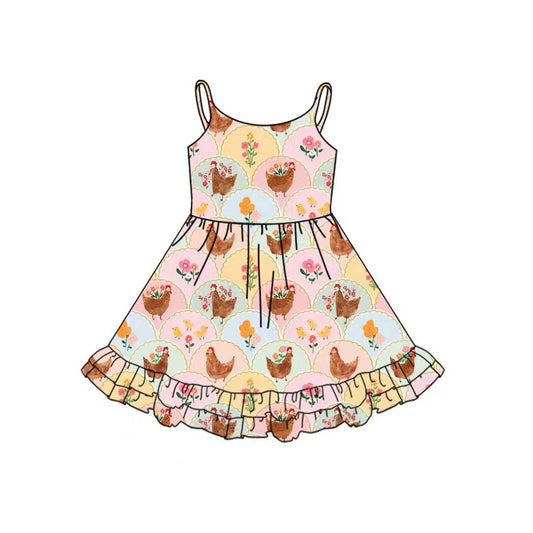 (Pre-order)GSD2855  Flowers Chicken Print Girls Summer Knee Length Dress