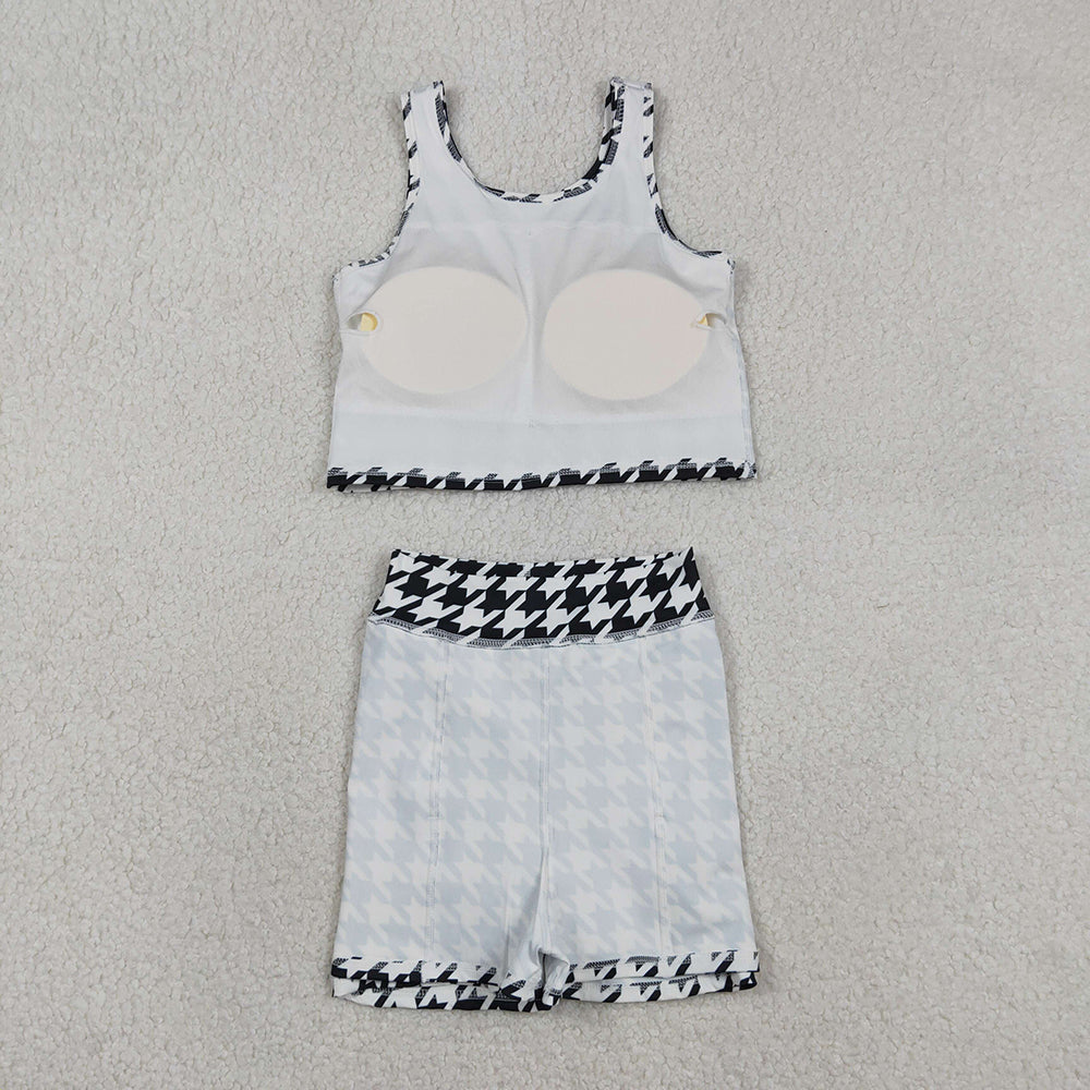 GSD2858 Black Plaid Print Skirts Shorts Girls Summer Yoga Clothes Set