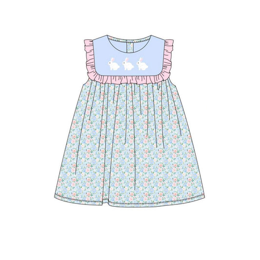 (Pre-order)GSD2861  Bunny Blue Flowers Print Girls Easter Knee Length Dress