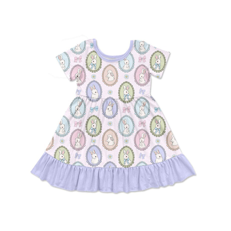 (Pre-order)GSD2863  Bunny Flowers Print Girls Easter Knee Length Dress
