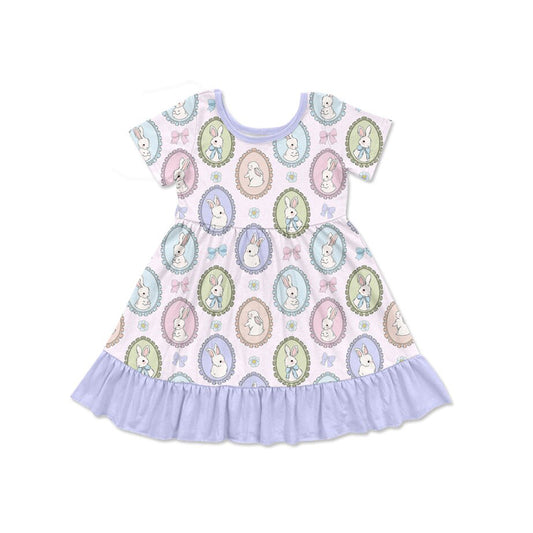 (Pre-order)GSD2863  Bunny Flowers Print Girls Easter Knee Length Dress