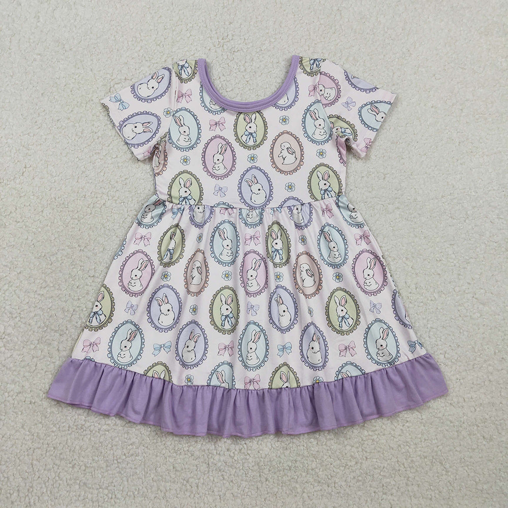 GSD2863  Bunny Flowers Print Girls Easter Knee Length Dress