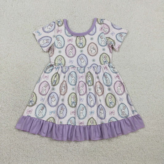 GSD2863  Bunny Flowers Print Girls Easter Knee Length Dress