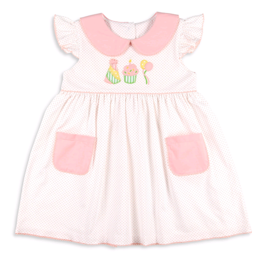 (Pre-order)GSD2865  Cake Pink Print Pockets Girls Happy Birthday Summer Knee Length Dress