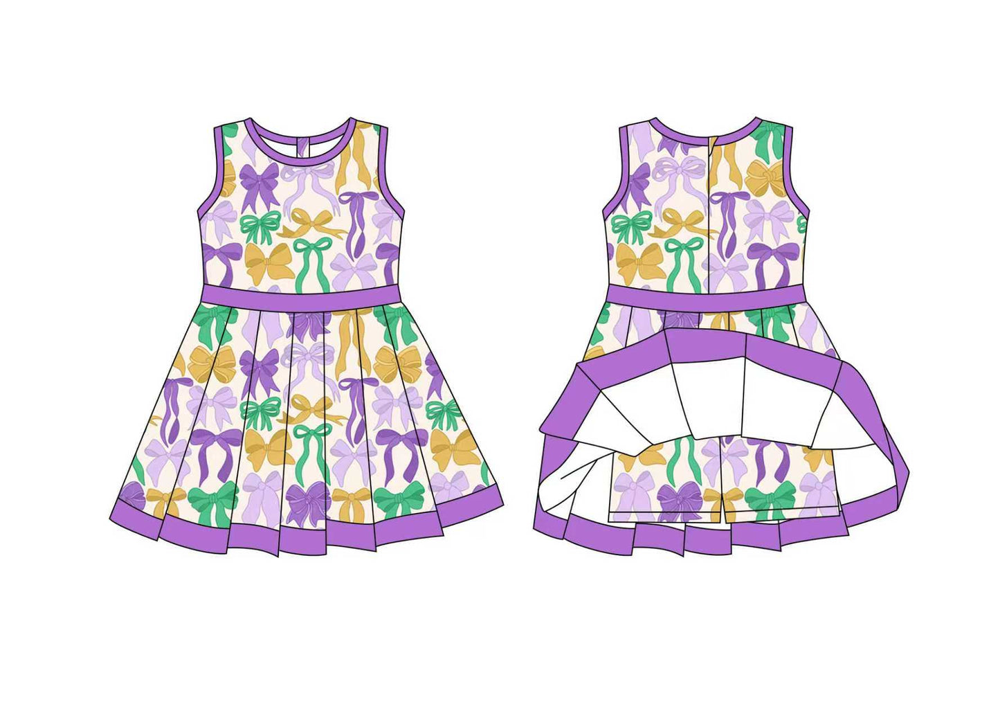 (Pre-order)GSD2866 Colorful Bows Print Girls Mardi Gras Knee Length Yoga Dress
