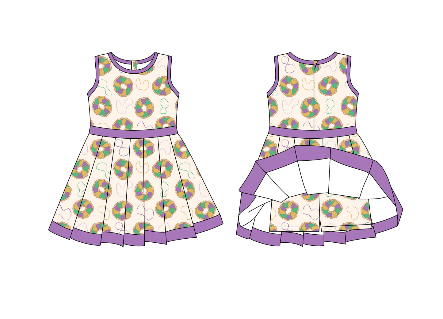 (Pre-order)GSD2867 Donut Print Girls Mardi Gras Knee Length Yoga Dress