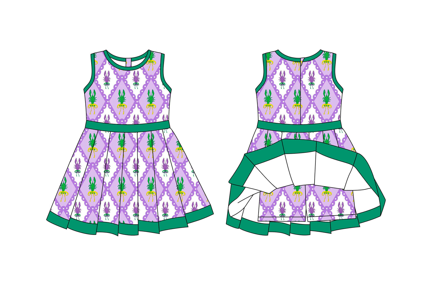 (Pre-order)GSD2868 Crayfish Bows Print Girls Mardi Gras Zipper Knee Length Yoga Dress