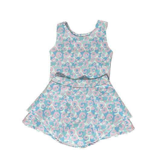 (Pre-order)GSD2871 Blue Pink Leopard Print Skirts Shorts Girls Summer Yoga Clothes Set