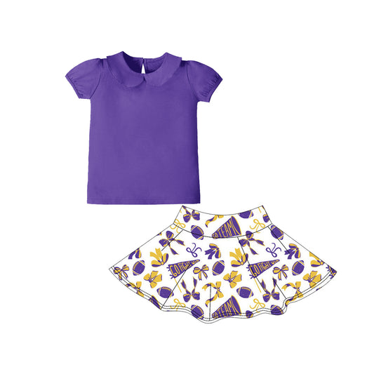 (Pre-order)GSD2878 Purple Top Go Team Bows Cheer Skirts Girls Summer Yoga Clothes Set