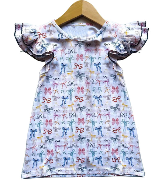 (Pre-order)GSD2882 Colorful Bows Print Girls Summer Knee Length Dress
