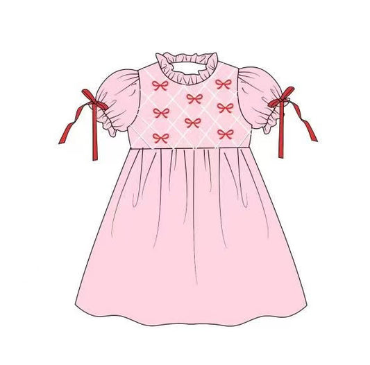 (Pre-order)GSD2883 Red Bows Pink Print Girls Valentine's Day Knee Length Dress