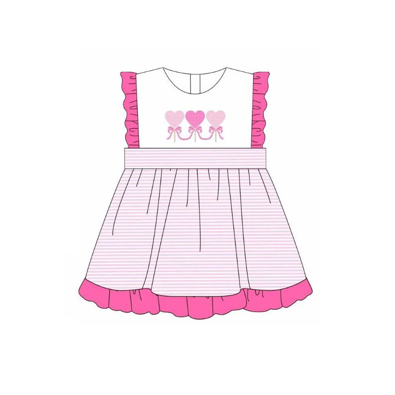 (Pre-order)GSD2884 Heart Bows Pink Stripes Print Girls Valentine's Day Knee Length Dress