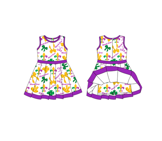 (Pre-order)GSD2885 Anchor Bows Print Girls Mardi Gras Zipper Knee Length Yoga Dress