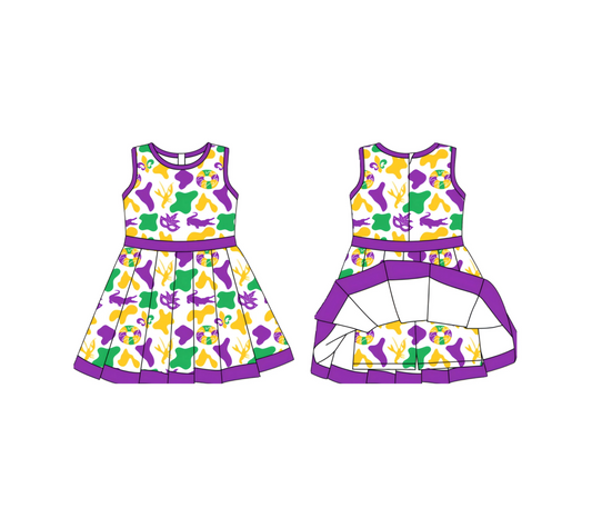 (Pre-order)GSD2886 Camo Print Girls Mardi Gras Zipper Knee Length Yoga Dress