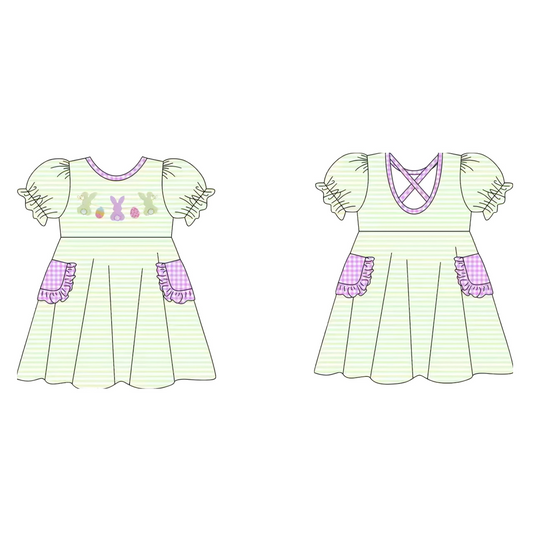 (Pre-order)GSD2889 Eggs Bunny Stripes Print Girls Easter Knee Length Dress