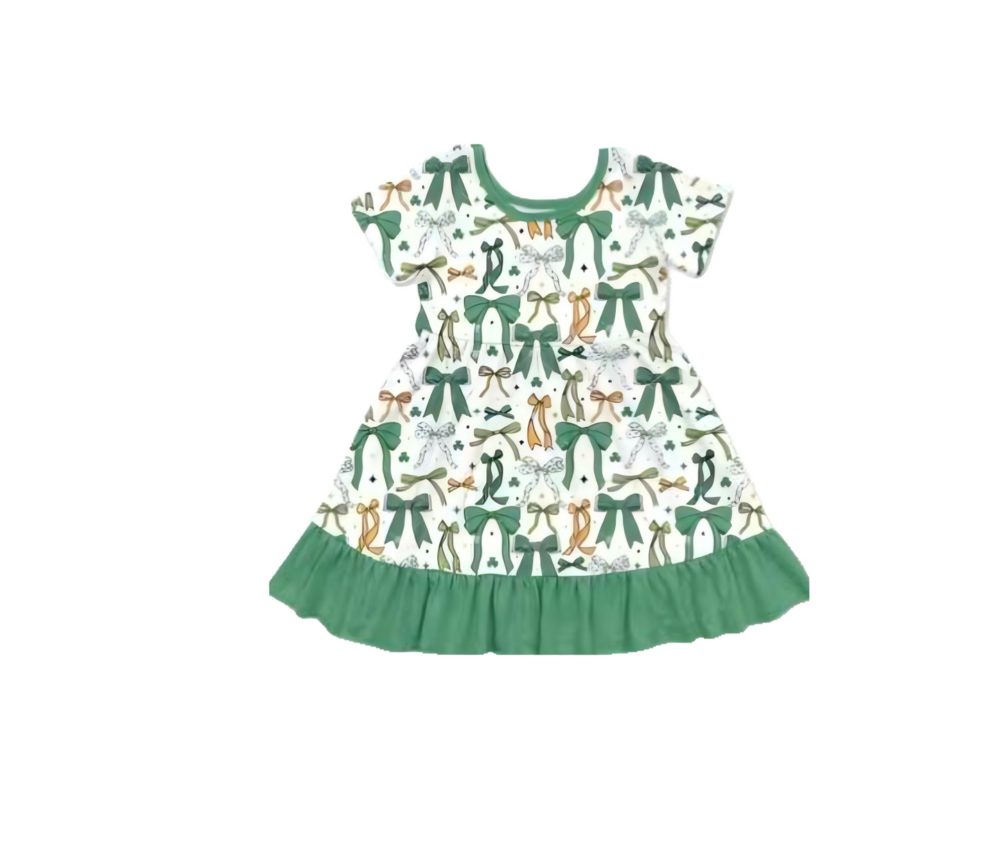(Pre-order)GSD2890  Green Bows Print Girls St. Patrick's Day Knee Length Dress