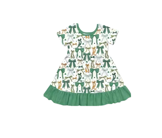(Pre-order)GSD2890  Green Bows Print Girls St. Patrick's Day Knee Length Dress