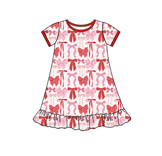 (Pre-order)GSD2897 Red Pink Bows Print Girls Valentine's Day Knee Length Dress
