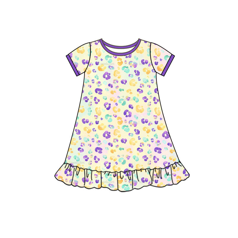 (Pre-order)GSD2899 Colorful Leopard Print Girls Mardi Gras Knee Length Dress