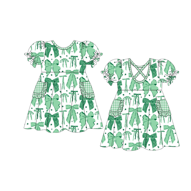 (Pre-order)GSD2903 Green Bows Print Girls St. Patrick's Day Knee Length Dress