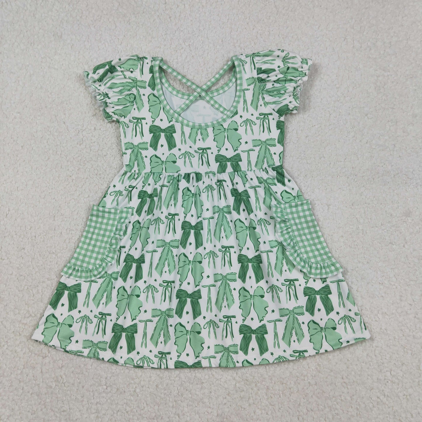 GSD2903 Green Bows Print Pockets Girls St. Patrick's Day Knee Length Dress