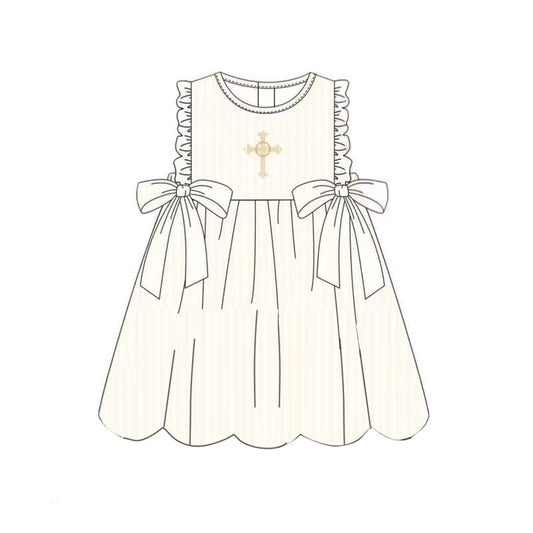 (Pre-order)GSD2904 Cross Yellow Stripes Print Girls Easter Knee Length Dress