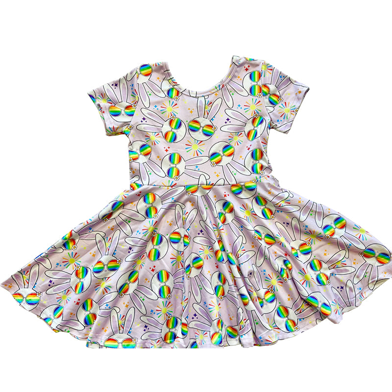 (Pre-order)GSD2905 Bunny Print Girls Easter Knee Length Dress