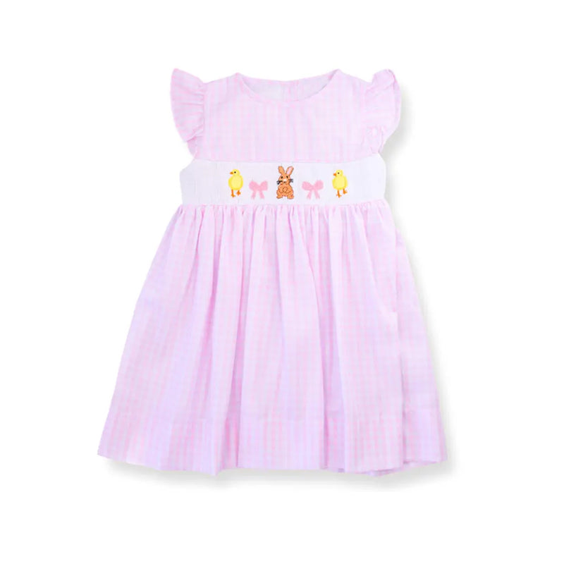 (Pre-order)GSD2906 Bunny Bows Pink Print Girls Easter Knee Length Dress