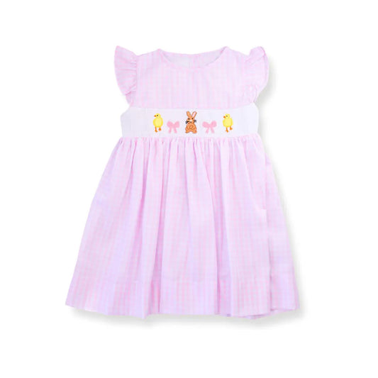 (Pre-order)GSD2906 Bunny Bows Pink Print Girls Easter Knee Length Dress