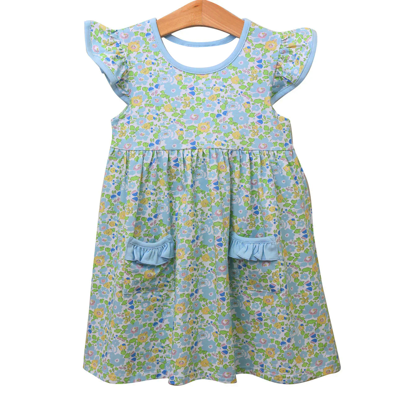 (Pre-order)GSD2910 Yellow Blue Flowers Print Girls Summer Knee Length Dress