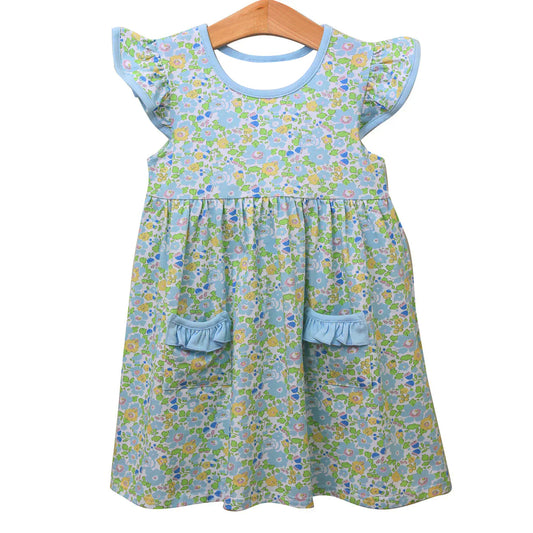(Pre-order)GSD2910 Yellow Blue Flowers Print Girls Summer Knee Length Dress