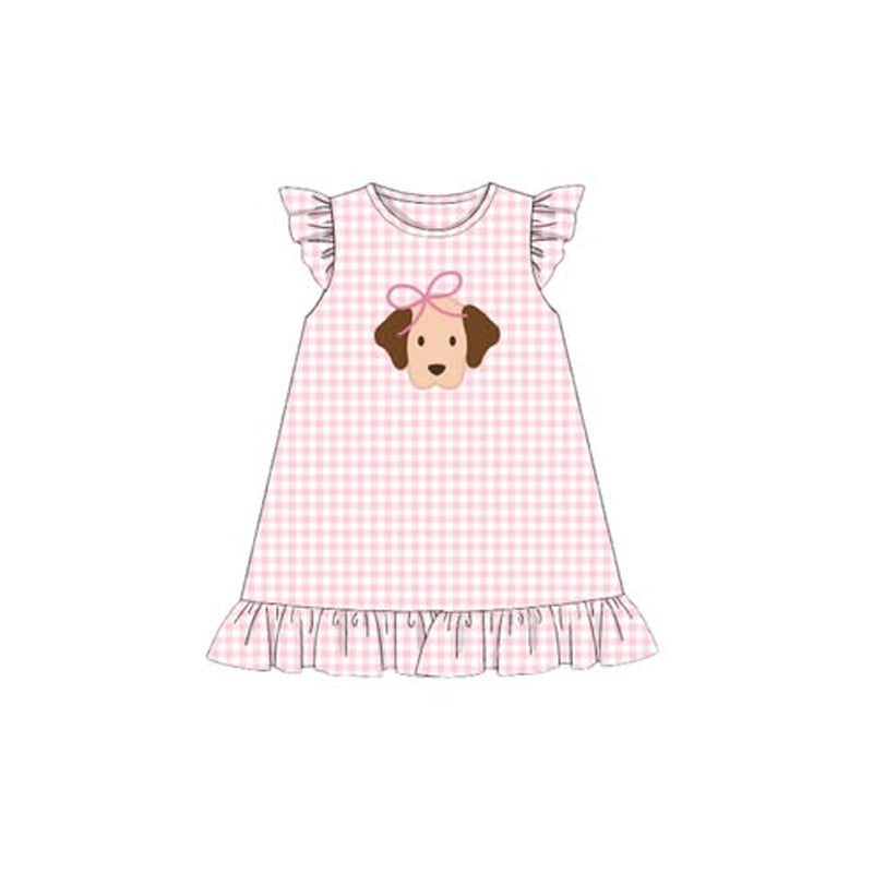 (Pre-order)GSD2914 Puppy Pink Plaid Print Girls Summer Knee Length Dress
