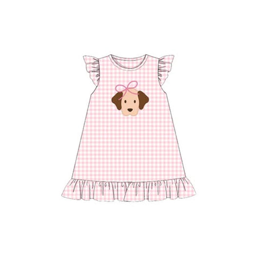 (Pre-order)GSD2914 Puppy Pink Plaid Print Girls Summer Knee Length Dress