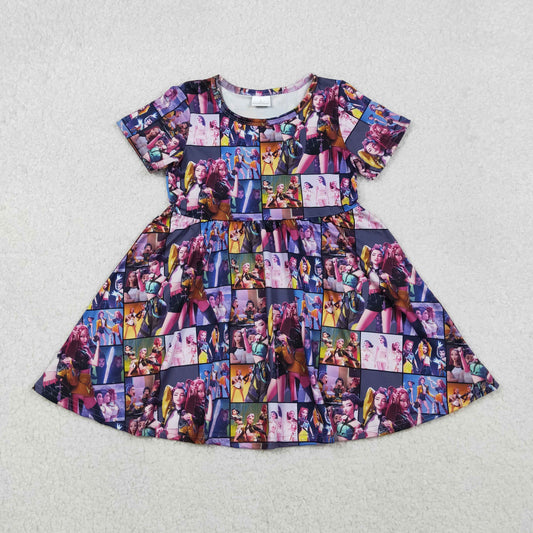 GSD2918 Cartoon Demon Movie Plaid Print Girls Summer Knee Length Dress
