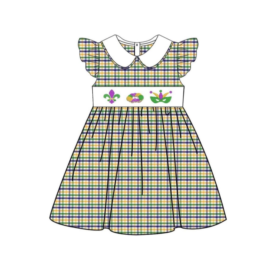 (Pre-order)GSD2934 Anchor Donut Mask Plaid Print Girls Mardi Gras Knee Length Dress
