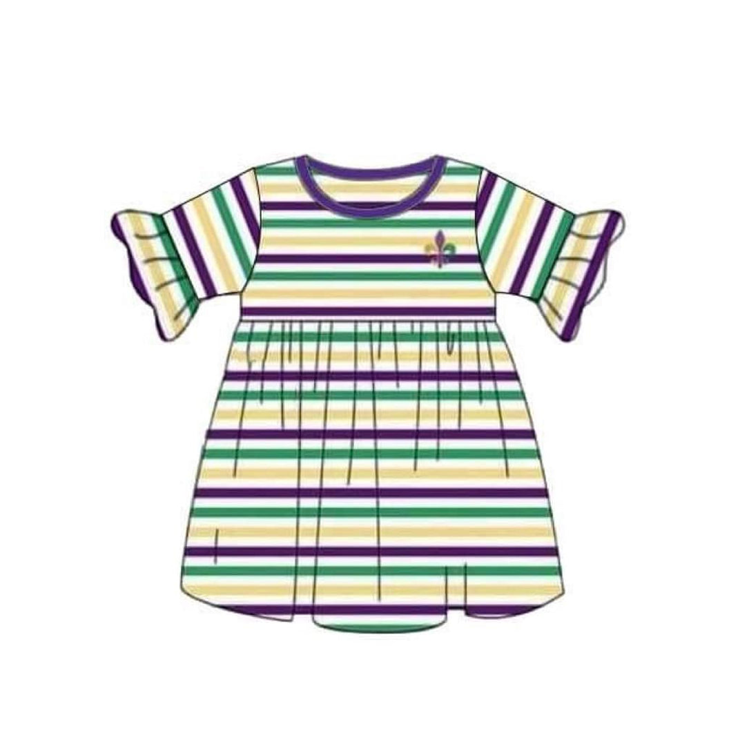 (Pre-order)GSD2936 Anchor Stripes Print Girls Mardi Gras Knee Length Dress