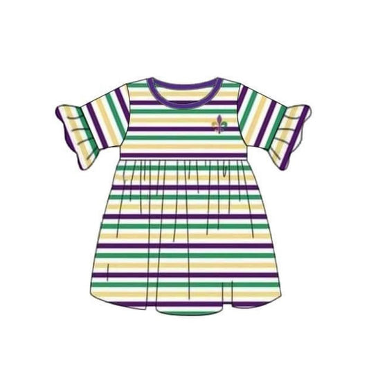 (Pre-order)GSD2936 Anchor Stripes Print Girls Mardi Gras Knee Length Dress
