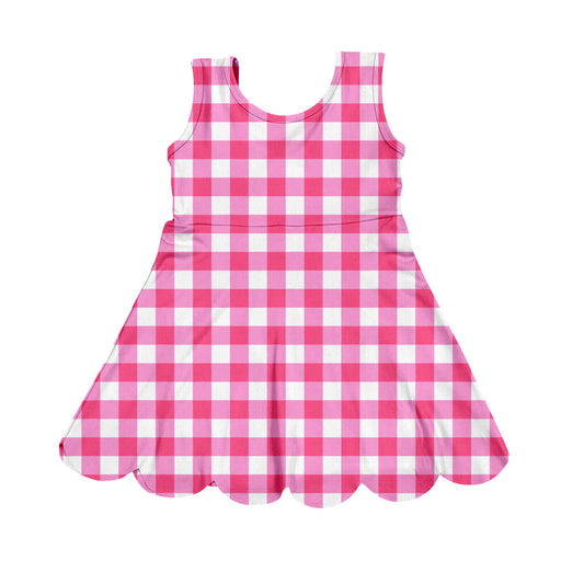 (Pre-order)GSD2937 Pink Plaid Print Girls Knee Length Yoga Dress