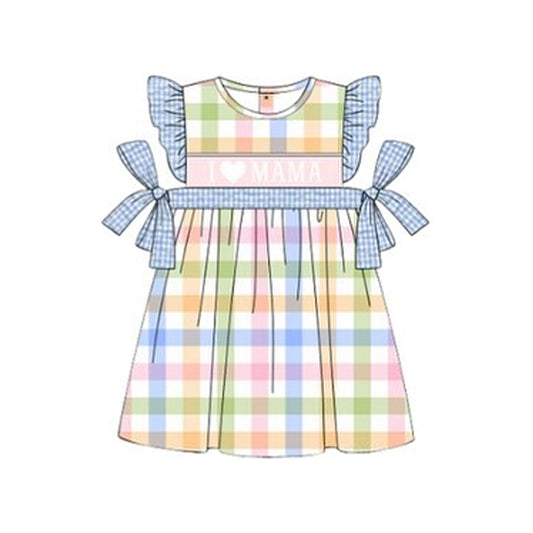 (Pre-order)GSD2940 I LOVE MAMA Colorful Plaid Print Girls Summer Knee Length Dress